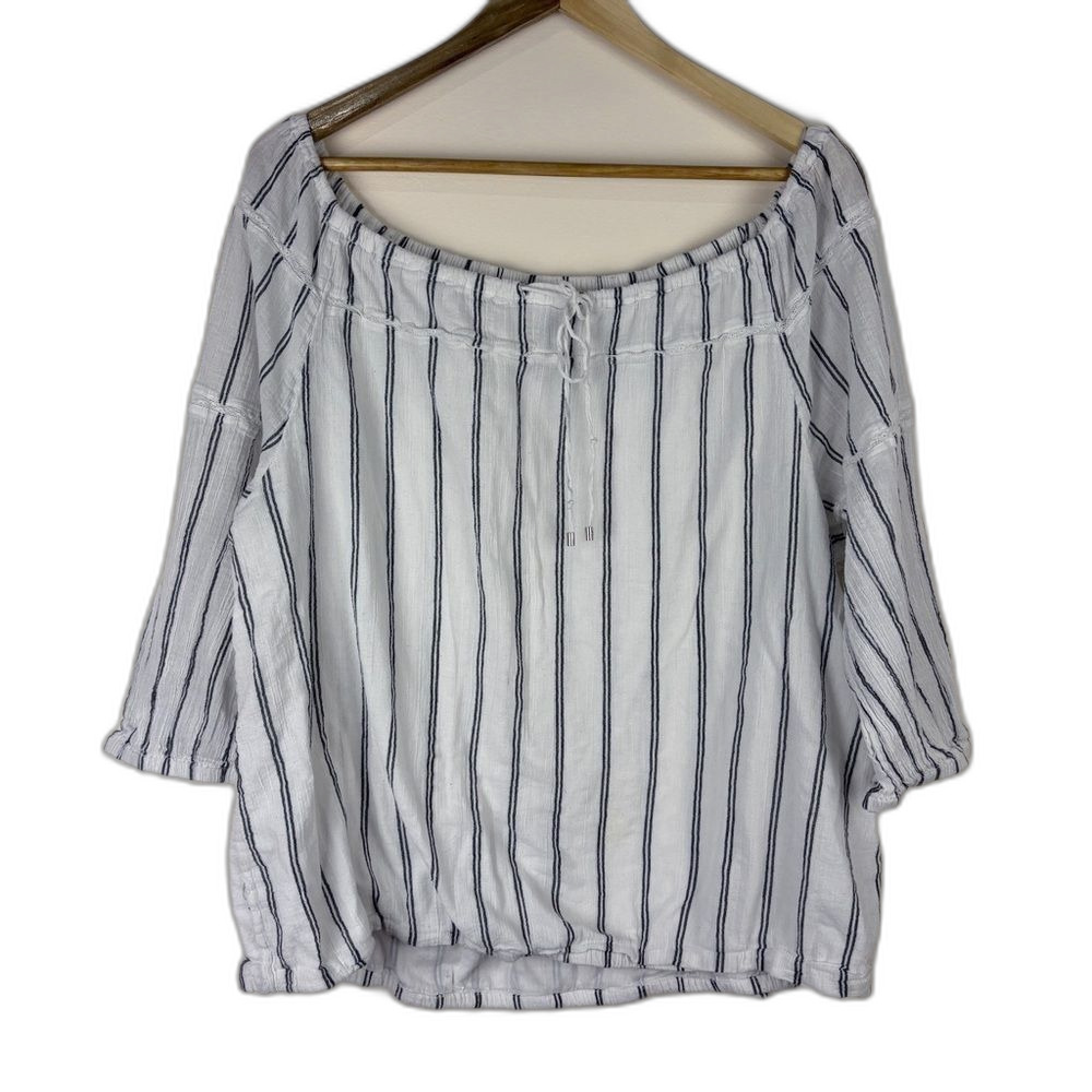 Ralph Lauren White Stripe Cotton Blouse Size XL Coastal Preppy Off Shoulder
